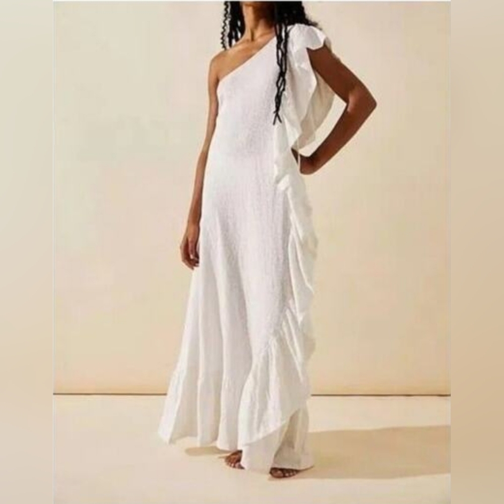 Free People Beach Elisa Slub Cotton One Shoulder Ruffled Maxi Dress Medium